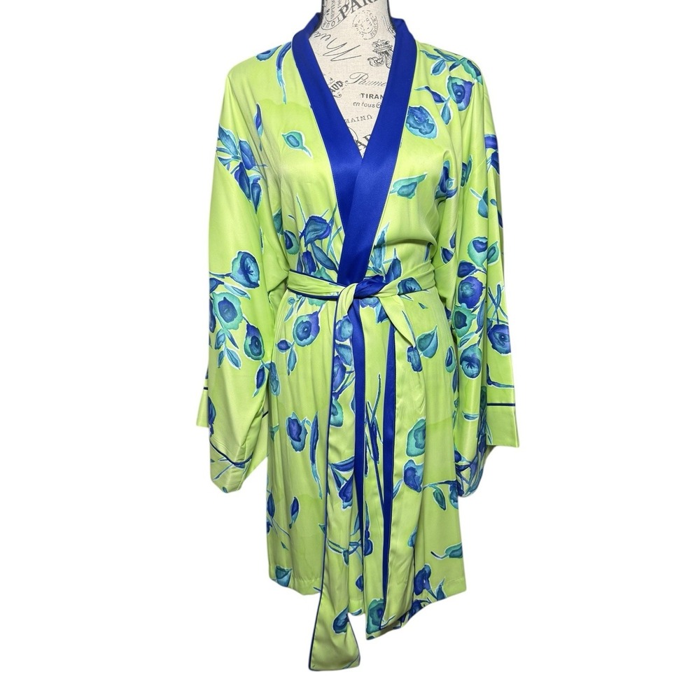 Vtg NATORI Robe‎ Satin Kimono SMALL Floral Blue Green Colorblock Sleep Lounge